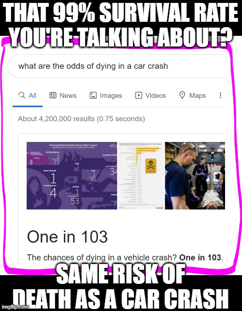 99% survival rate means same risk as car crash | THAT 99% SURVIVAL RATE
YOU'RE TALKING ABOUT? SAME RISK OF DEATH AS A CAR CRASH | image tagged in risk,percent | made w/ Imgflip meme maker