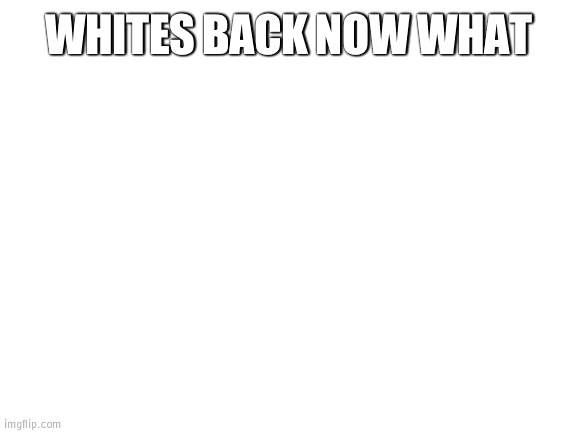 White back | WHITES BACK NOW WHAT | image tagged in blank white template | made w/ Imgflip meme maker