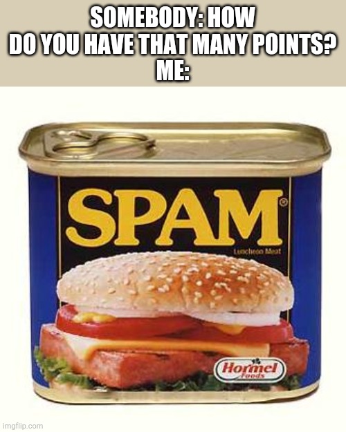 spam | SOMEBODY: HOW DO YOU HAVE THAT MANY POINTS?
ME: | image tagged in spam | made w/ Imgflip meme maker