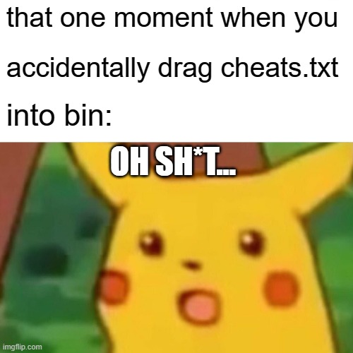 Cool Progressbar95 Meme | that one moment when you; accidentally drag cheats.txt; into bin:; OH SH*T... | image tagged in memes,surprised pikachu | made w/ Imgflip meme maker
