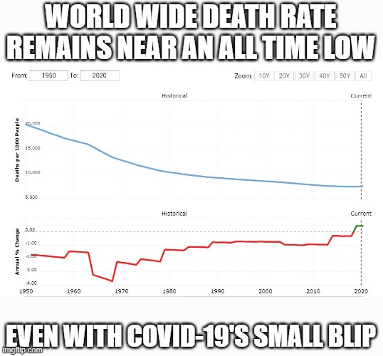 Lowest all time world wide death rate | WORLD WIDE DEATH RATE REMAINS NEAR AN ALL TIME LOW; EVEN WITH COVID-19'S SMALL BLIP | image tagged in covid-19 | made w/ Imgflip meme maker
