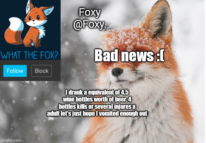 Foxy's announcement template | Bad news :(; I drank a equivalent of 4.5 wine bottles worth of beer, 4 bottles kills or several injures a adult let's just hope I vomited enough out | image tagged in foxy's announcement template | made w/ Imgflip meme maker