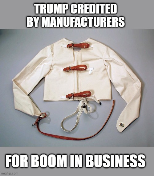 Trump & allies singularily boost strait-jacket manufacturing jobs post election | TRUMP CREDITED 
BY MANUFACTURERS; FOR BOOM IN BUSINESS | image tagged in trump,election 2020,gop scammers,losers,propaganda | made w/ Imgflip meme maker