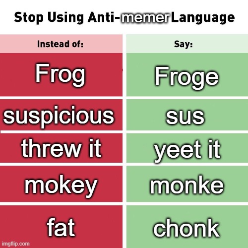 sotp | memer; Frog; Froge; sus; suspicious; threw it; yeet it; mokey; monke; fat; chonk | image tagged in stop using anti-animal language | made w/ Imgflip meme maker
