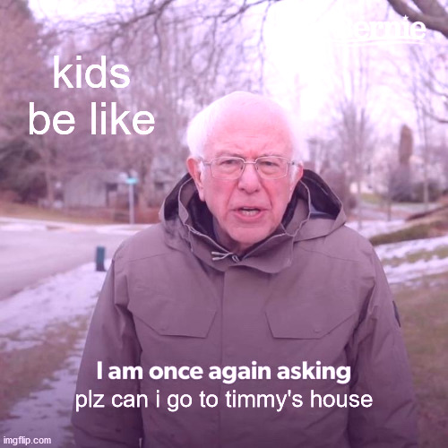 Bernie I Am Once Again Asking For Your Support | kids be like; plz can i go to timmy's house | image tagged in memes,bernie i am once again asking for your support | made w/ Imgflip meme maker