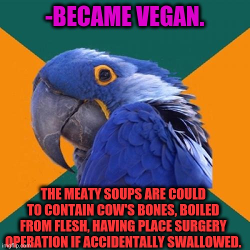 -Fly my life. | -BECAME VEGAN. THE MEATY SOUPS ARE COULD TO CONTAIN COW'S BONES, BOILED FROM FLESH, HAVING PLACE SURGERY OPERATION IF ACCIDENTALLY SWALLOWED. | image tagged in memes,paranoid parrot,veganism,vegetables,bones,no soup | made w/ Imgflip meme maker