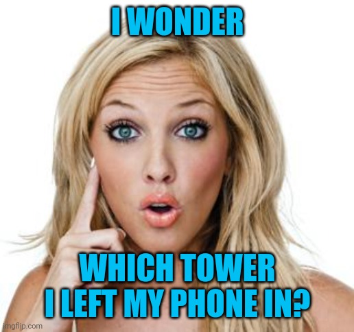Dumb blonde | I WONDER WHICH TOWER I LEFT MY PHONE IN? | image tagged in dumb blonde | made w/ Imgflip meme maker