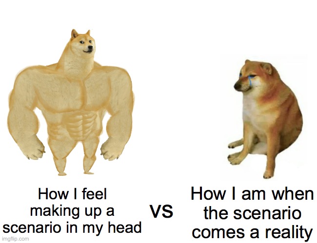 Buff Doge vs. Cheems Meme | How I feel making up a scenario in my head; How I am when the scenario comes a reality; vs | image tagged in memes,buff doge vs cheems | made w/ Imgflip meme maker