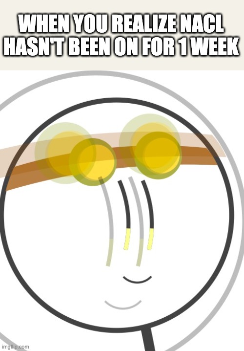 Check his profile | WHEN YOU REALIZE NACL HASN'T BEEN ON FOR 1 WEEK | image tagged in suffering alex | made w/ Imgflip meme maker