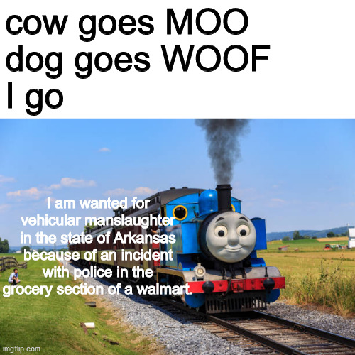 cow goes MOO
dog goes WOOF
I go; I am wanted for vehicular manslaughter in the state of Arkansas because of an incident with police in the grocery section of a walmart. | image tagged in dankmemes | made w/ Imgflip meme maker