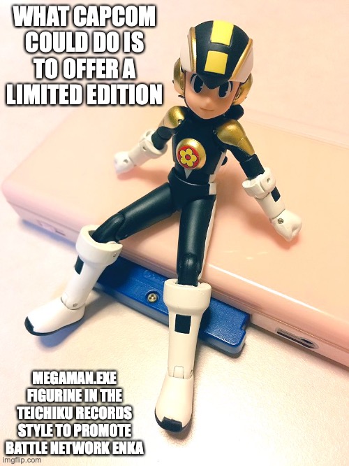 Megaman.EXE Hanayashiki Style | WHAT CAPCOM COULD DO IS TO OFFER A LIMITED EDITION; MEGAMAN.EXE FIGURINE IN THE TEICHIKU RECORDS STYLE TO PROMOTE BATTLE NETWORK ENKA | image tagged in megaman,megaman battle network,memes | made w/ Imgflip meme maker