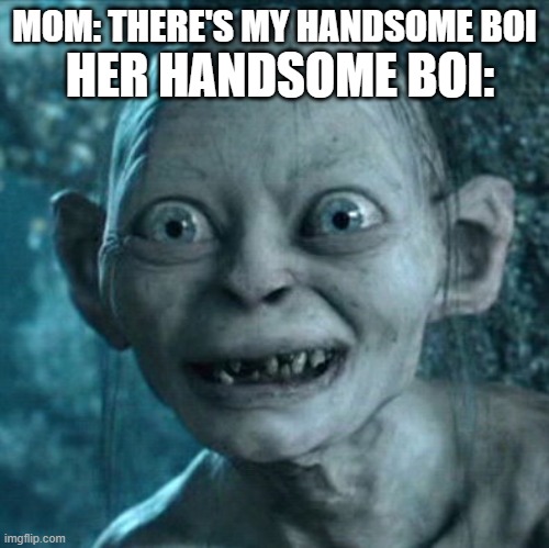 Gollum | HER HANDSOME BOI:; MOM: THERE'S MY HANDSOME BOI | image tagged in memes,gollum | made w/ Imgflip meme maker