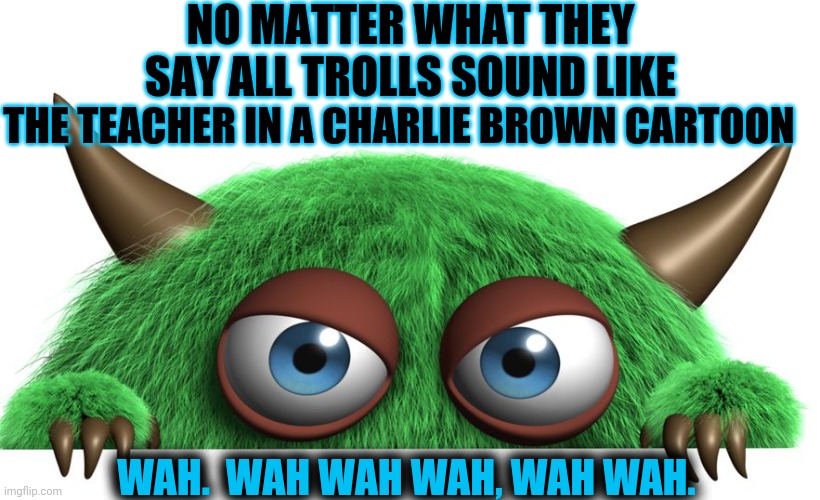 Verbal Distortion | NO MATTER WHAT THEY SAY ALL TROLLS SOUND LIKE; THE TEACHER IN A CHARLIE BROWN CARTOON; WAH.  WAH WAH WAH, WAH WAH. | image tagged in troll,memes,imgflip trolls,internet trolls,don't feed the trolls,trolling | made w/ Imgflip meme maker