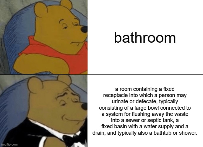 Tuxedo Winnie The Pooh | bathroom; a room containing a fixed receptacle into which a person may urinate or defecate, typically consisting of a large bowl connected to a system for flushing away the waste into a sewer or septic tank, a fixed basin with a water supply and a drain, and typically also a bathtub or shower. | image tagged in memes,tuxedo winnie the pooh | made w/ Imgflip meme maker