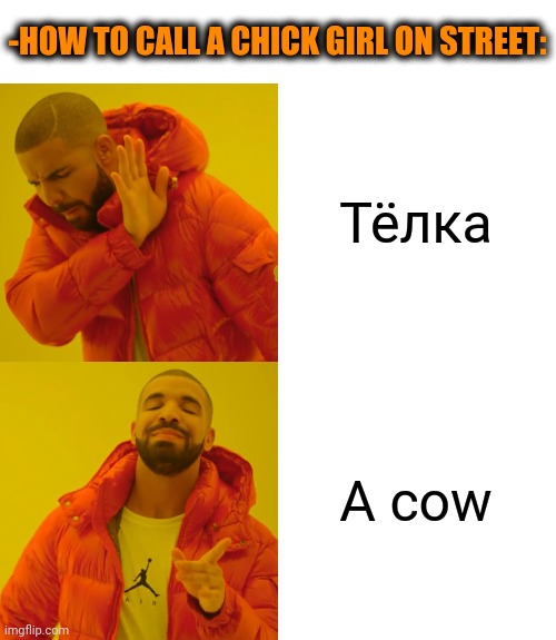 -Details of seducing. | -HOW TO CALL A CHICK GIRL ON STREET:; Тёлка; A cow | image tagged in memes,drake hotline bling,pick up lines,cow,slang,the russians did it | made w/ Imgflip meme maker