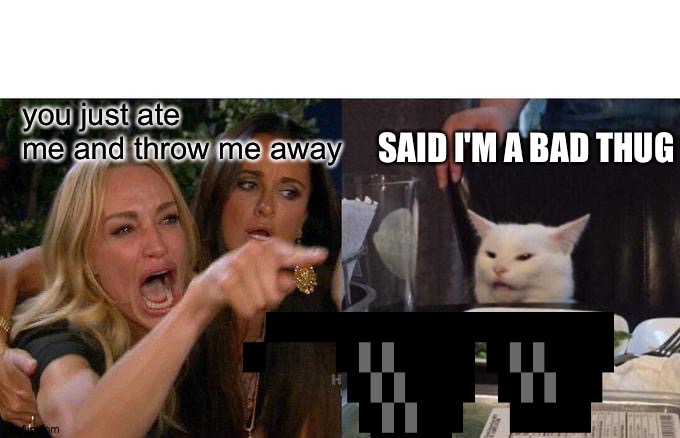 Woman Yelling At Cat | you just ate me and throw me away; SAID I'M A BAD THUG | image tagged in memes,woman yelling at cat | made w/ Imgflip meme maker