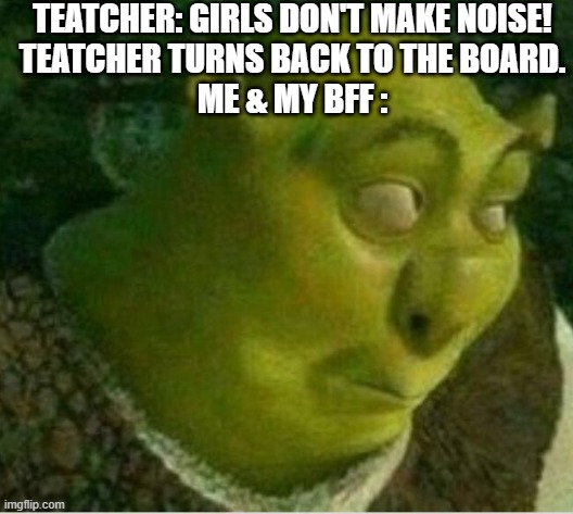 When you & bff sit next to each other in class | TEATCHER: GIRLS DON'T MAKE NOISE!
TEATCHER TURNS BACK TO THE BOARD.
ME & MY BFF : | image tagged in shrek,bff,class | made w/ Imgflip meme maker