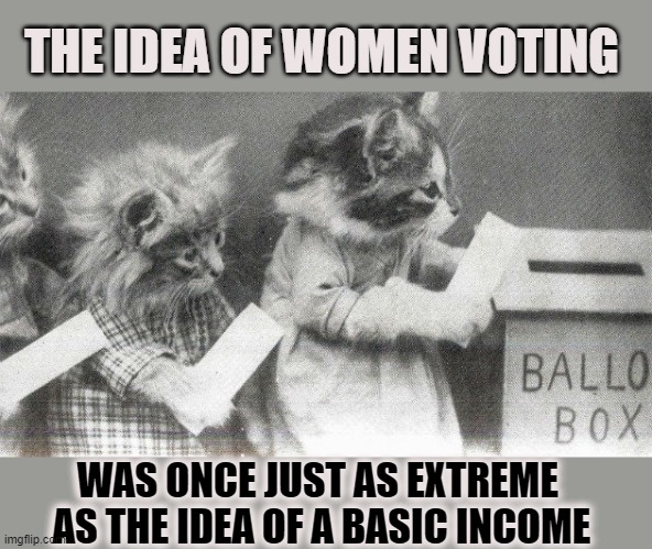 The idea of women voting was once just as extreme as the idea of a Basic Income | THE IDEA OF WOMEN VOTING; WAS ONCE JUST AS EXTREME 
AS THE IDEA OF A BASIC INCOME | image tagged in basic income,women's rights,voting,equality,income inequality | made w/ Imgflip meme maker