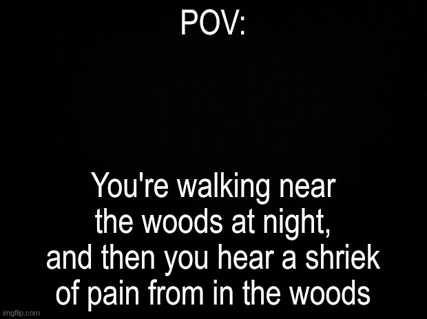 Black background | POV:; You're walking near the woods at night, and then you hear a shriek of pain from in the woods | image tagged in black background | made w/ Imgflip meme maker