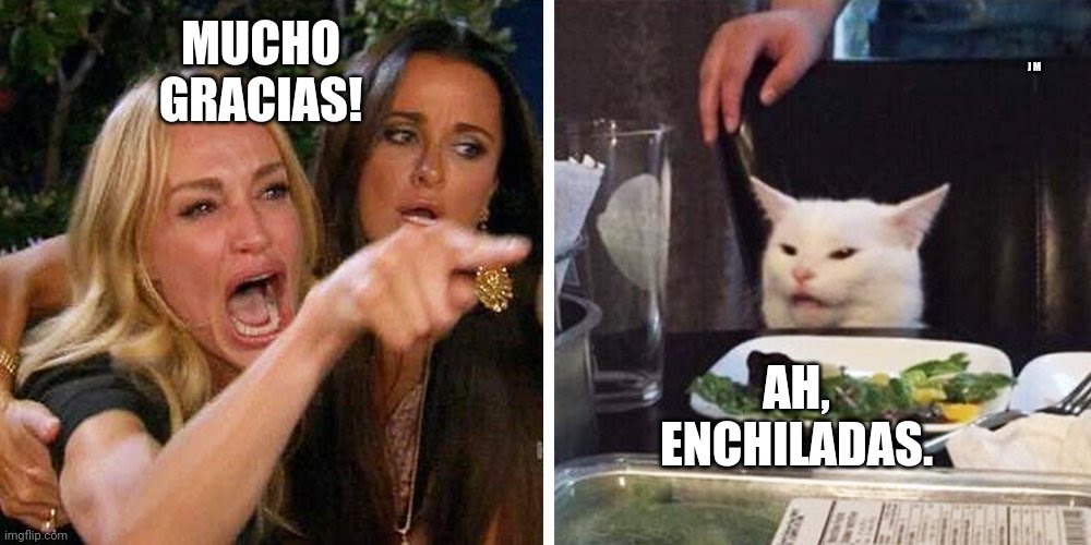 Smudge the cat | J M; MUCHO GRACIAS! AH, ENCHILADAS. | image tagged in smudge the cat | made w/ Imgflip meme maker
