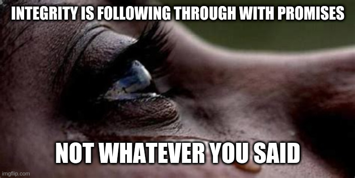 Republican tears | INTEGRITY IS FOLLOWING THROUGH WITH PROMISES NOT WHATEVER YOU SAID | image tagged in republican tears | made w/ Imgflip meme maker