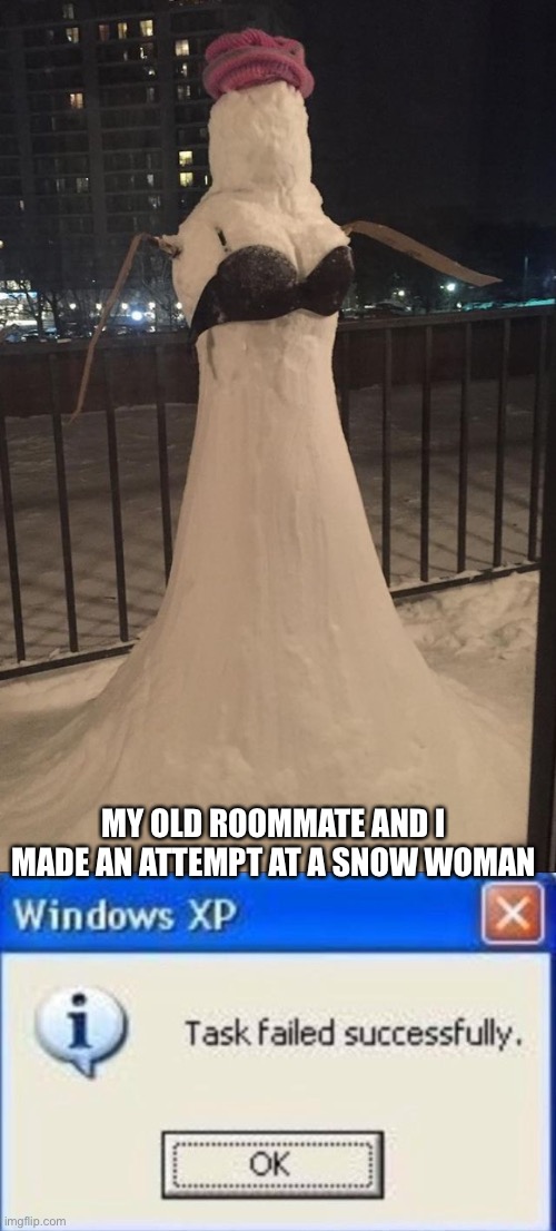 MY OLD ROOMMATE AND I MADE AN ATTEMPT AT A SNOW WOMAN | image tagged in task failed successfully,do you wanna build a snowman,snow,woman,snowmen | made w/ Imgflip meme maker