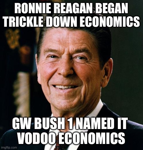 Ronald Reagan face | RONNIE REAGAN BEGAN TRICKLE DOWN ECONOMICS GW BUSH 1 NAMED IT 
VODOO ECONOMICS | image tagged in ronald reagan face | made w/ Imgflip meme maker