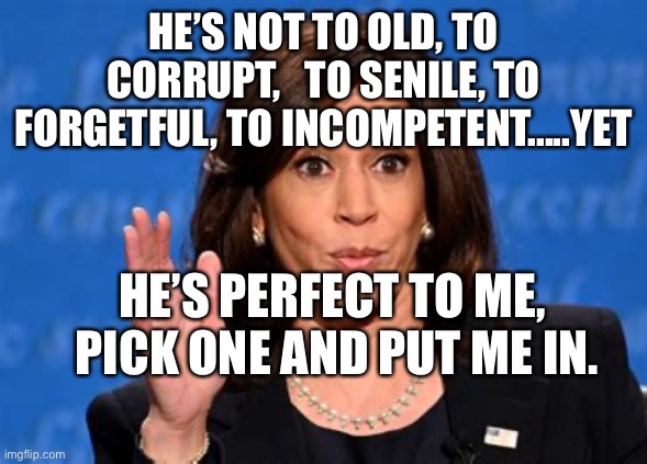 Vice-President-Select waiting for her chance | HE’S NOT TO OLD, TO CORRUPT,   TO SENILE, TO FORGETFUL, TO INCOMPETENT.....YET; HE’S PERFECT TO ME,  PICK ONE AND PUT ME IN. | image tagged in skreeching,kamala harris | made w/ Imgflip meme maker