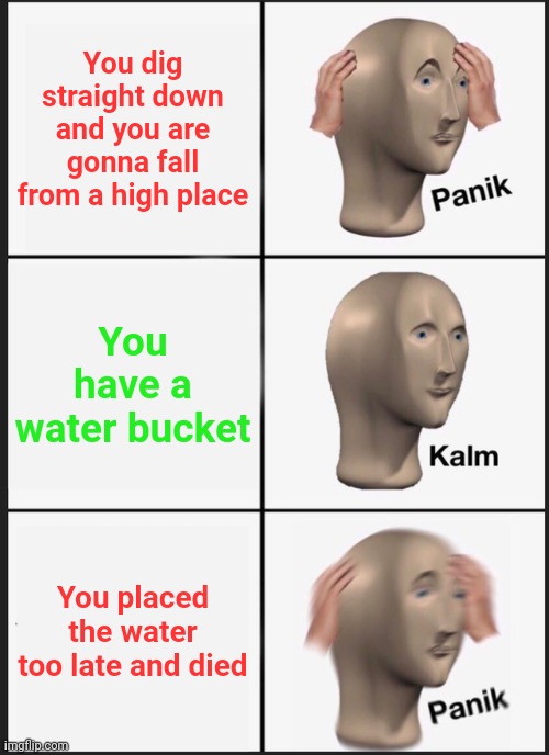 When you placed water too late | You dig straight down and you are gonna fall from a high place; You have a water bucket; You placed the water too late and died | image tagged in memes,panik kalm panik | made w/ Imgflip meme maker