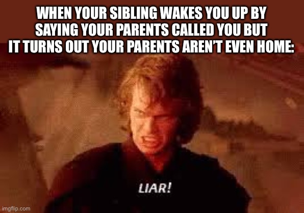 This has happened to me b4 | WHEN YOUR SIBLING WAKES YOU UP BY SAYING YOUR PARENTS CALLED YOU BUT IT TURNS OUT YOUR PARENTS AREN’T EVEN HOME: | image tagged in anakin liar,funny,memes,siblings,parents,wake up | made w/ Imgflip meme maker