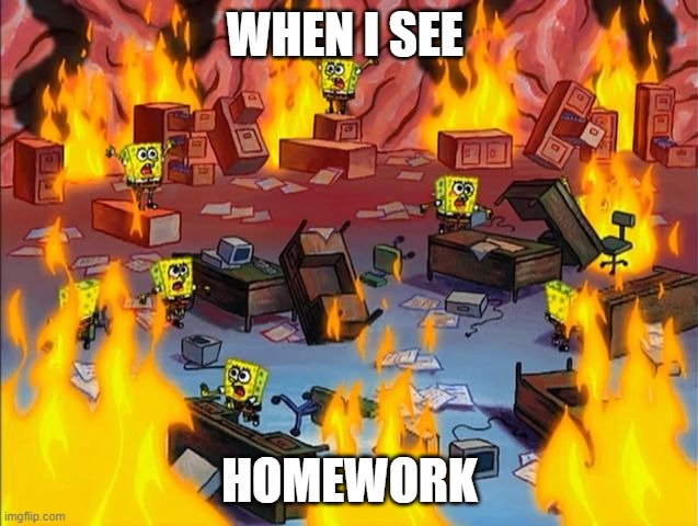 sspongebob fires | WHEN I SEE; HOMEWORK | image tagged in spongebob fire | made w/ Imgflip meme maker