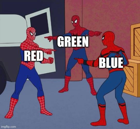 There one imposter among us | GREEN; BLUE; RED | image tagged in spider man triple | made w/ Imgflip meme maker