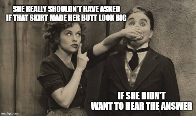 Charlie Chaplin shushed | SHE REALLY SHOULDN'T HAVE ASKED IF THAT SKIRT MADE HER BUTT LOOK BIG; IF SHE DIDN'T WANT TO HEAR THE ANSWER | image tagged in charlie chaplin shushed | made w/ Imgflip meme maker
