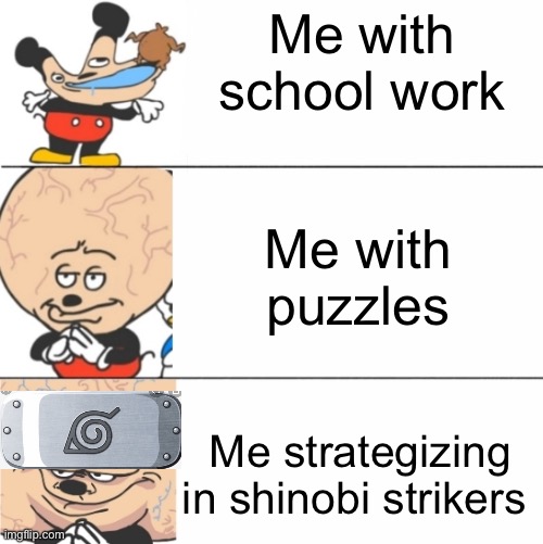 Expanding Brain Mokey | Me with school work; Me with puzzles; Me strategizing in shinobi strikers | image tagged in expanding brain mokey,naruto,boruto | made w/ Imgflip meme maker