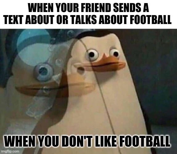 The penguins of Madagascar | WHEN YOUR FRIEND SENDS A TEXT ABOUT OR TALKS ABOUT FOOTBALL; WHEN YOU DON'T LIKE FOOTBALL | image tagged in the penguins of madagascar,memes,football | made w/ Imgflip meme maker