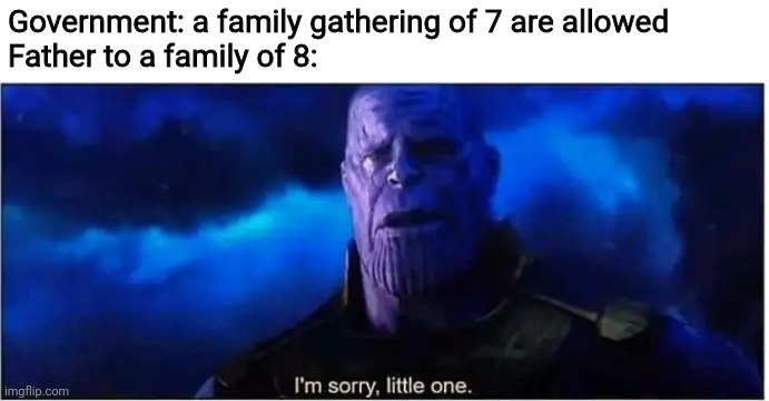 Thanos I'm sorry little one |  Government: a family gathering of 7 are allowed
Father to a family of 8: | image tagged in thanos i'm sorry little one,memes,government,coronavirus,gathering | made w/ Imgflip meme maker