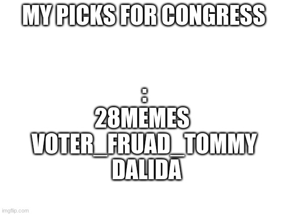 congress | MY PICKS FOR CONGRESS; :
28MEMES 
VOTER_FRUAD_TOMMY
 DALIDA | image tagged in blank white template | made w/ Imgflip meme maker