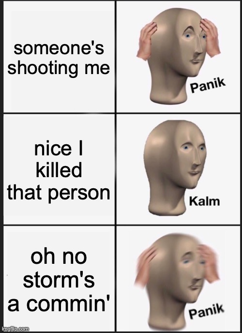 fortnite be like | someone's shooting me; nice I killed that person; oh no storm's a commin' | image tagged in memes,panik kalm panik | made w/ Imgflip meme maker