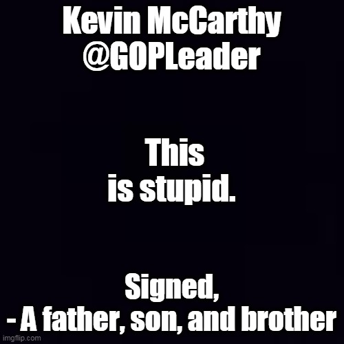 Plain black | Kevin McCarthy
@GOPLeader Signed,

- A father, son, and brother This is stupid. | image tagged in plain black | made w/ Imgflip meme maker