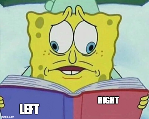 cross eyed spongebob | RIGHT LEFT | image tagged in cross eyed spongebob | made w/ Imgflip meme maker