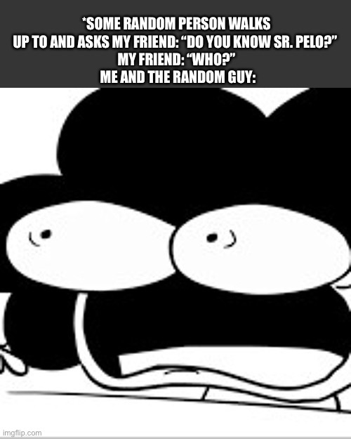 Sr. Pelo Scream | *SOME RANDOM PERSON WALKS UP TO AND ASKS MY FRIEND: “DO YOU KNOW SR. PELO?” 
MY FRIEND: “WHO?”
 ME AND THE RANDOM GUY: | image tagged in sr pelo scream,sr pelo,memes | made w/ Imgflip meme maker