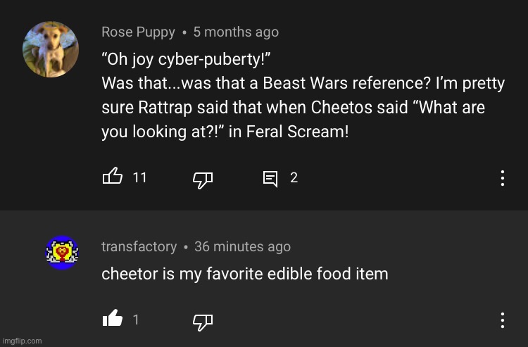 Lol not sure if that was my bad or autocorrect’s | image tagged in cheetos,cheetor,youtube comments | made w/ Imgflip meme maker