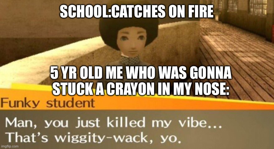 SAVE THE CRAYON! | SCHOOL:CATCHES ON FIRE; 5 YR OLD ME WHO WAS GONNA STUCK A CRAYON IN MY NOSE: | image tagged in funky student,not funny,i tried,school,kindergarten,crayons | made w/ Imgflip meme maker