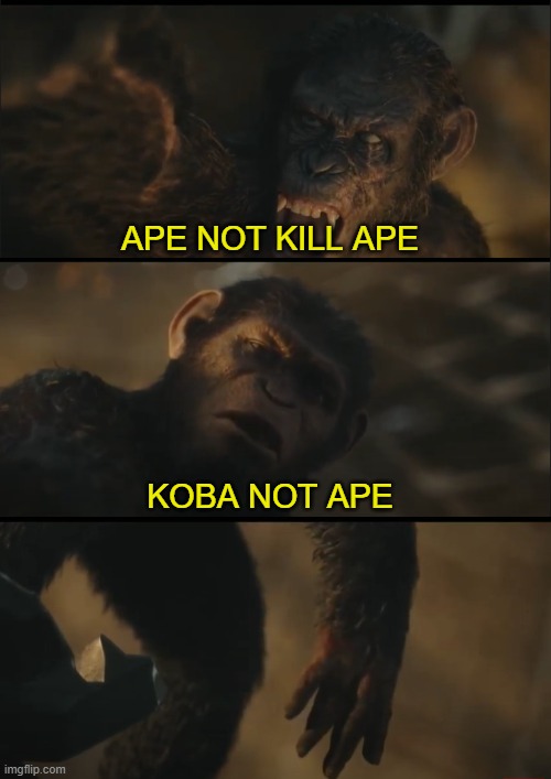Koba not ape | APE NOT KILL APE; KOBA NOT APE | image tagged in new template | made w/ Imgflip meme maker
