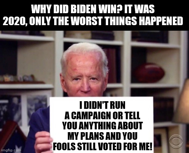 Basement Biden, get ready for a new low | WHY DID BIDEN WIN? IT WAS 2020, ONLY THE WORST THINGS HAPPENED; I DIDN'T RUN A CAMPAIGN OR TELL YOU ANYTHING ABOUT MY PLANS AND YOU FOOLS STILL VOTED FOR ME! | image tagged in demented joe biden | made w/ Imgflip meme maker