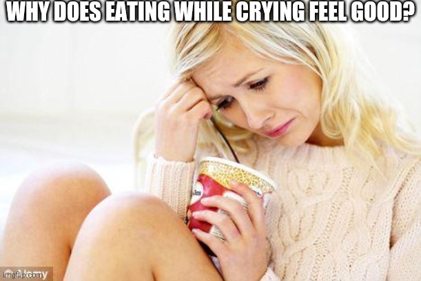 crying woman eating ice cream | WHY DOES EATING WHILE CRYING FEEL GOOD? | image tagged in crying woman eating ice cream | made w/ Imgflip meme maker