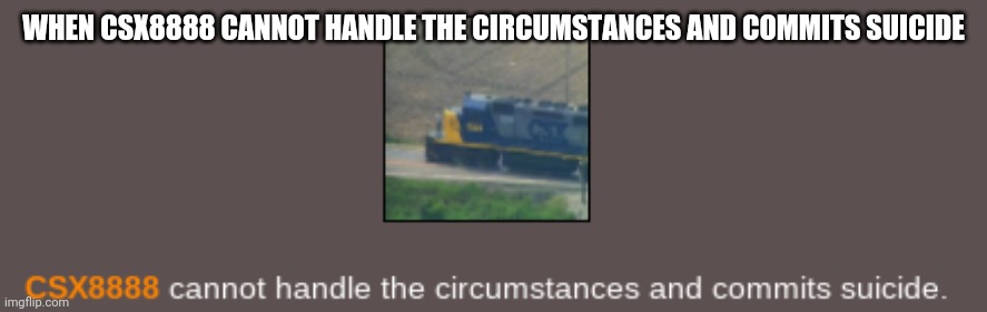 CSX8888 commits suicide | WHEN CSX8888 CANNOT HANDLE THE CIRCUMSTANCES AND COMMITS SUICIDE | image tagged in csx8888 commits suicide | made w/ Imgflip meme maker