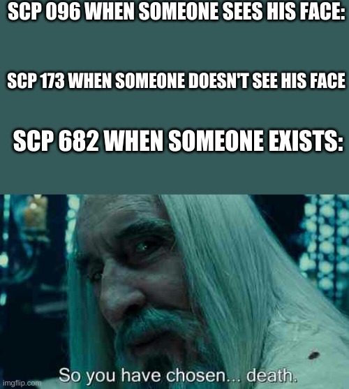 So you have chosen death | SCP 096 WHEN SOMEONE SEES HIS FACE:; SCP 173 WHEN SOMEONE DOESN'T SEE HIS FACE; SCP 682 WHEN SOMEONE EXISTS: | image tagged in so you have chosen death | made w/ Imgflip meme maker