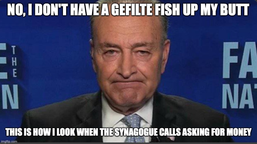 Chuck Schumer | NO, I DON'T HAVE A GEFILTE FISH UP MY BUTT; THIS IS HOW I LOOK WHEN THE SYNAGOGUE CALLS ASKING FOR MONEY | image tagged in stimulus | made w/ Imgflip meme maker