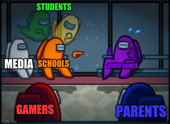 Among us blame |  STUDENTS; MEDIA; SCHOOLS; VIDEO GAMES; GAMERS; PARENTS | image tagged in among us blame | made w/ Imgflip meme maker